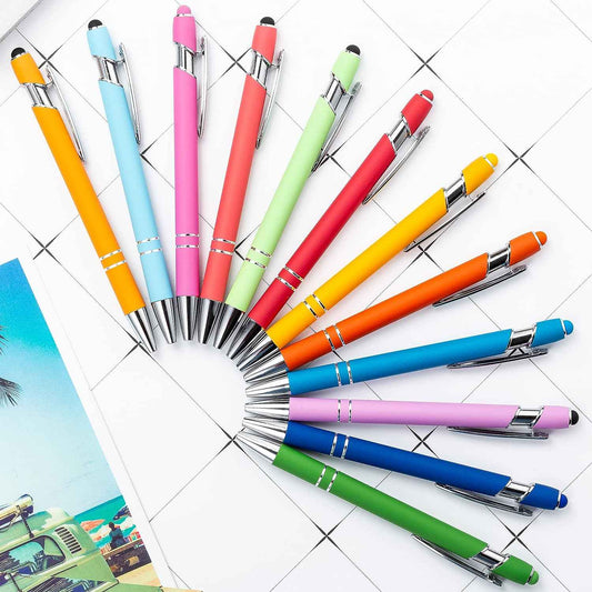 12 Pack Rainbow Rubberized Soft Touch Ballpoint Pen with Stylus Tip