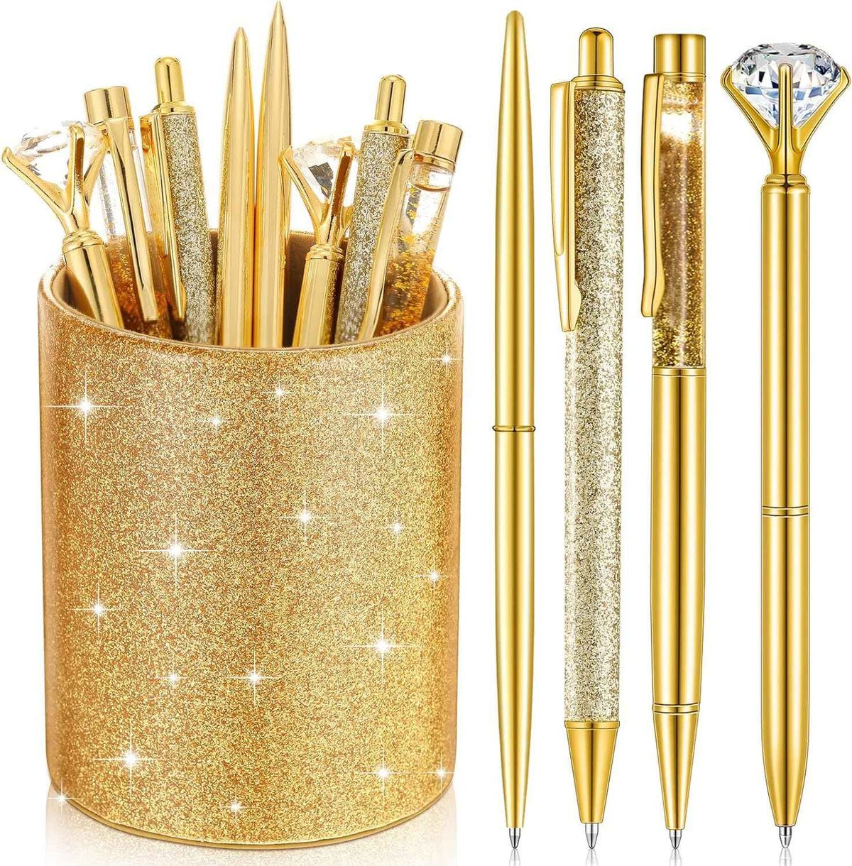 8Pcs Crystal Glitter Ballpoint Pens with Pen Holder for Desk Organizer Gold